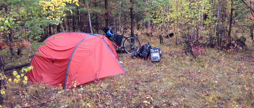 My wet tent in the thick forest.