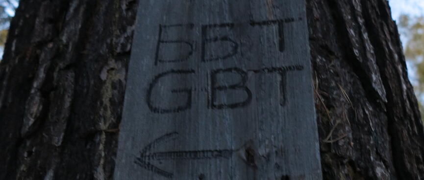 A small wooden sign points the way to GBT.